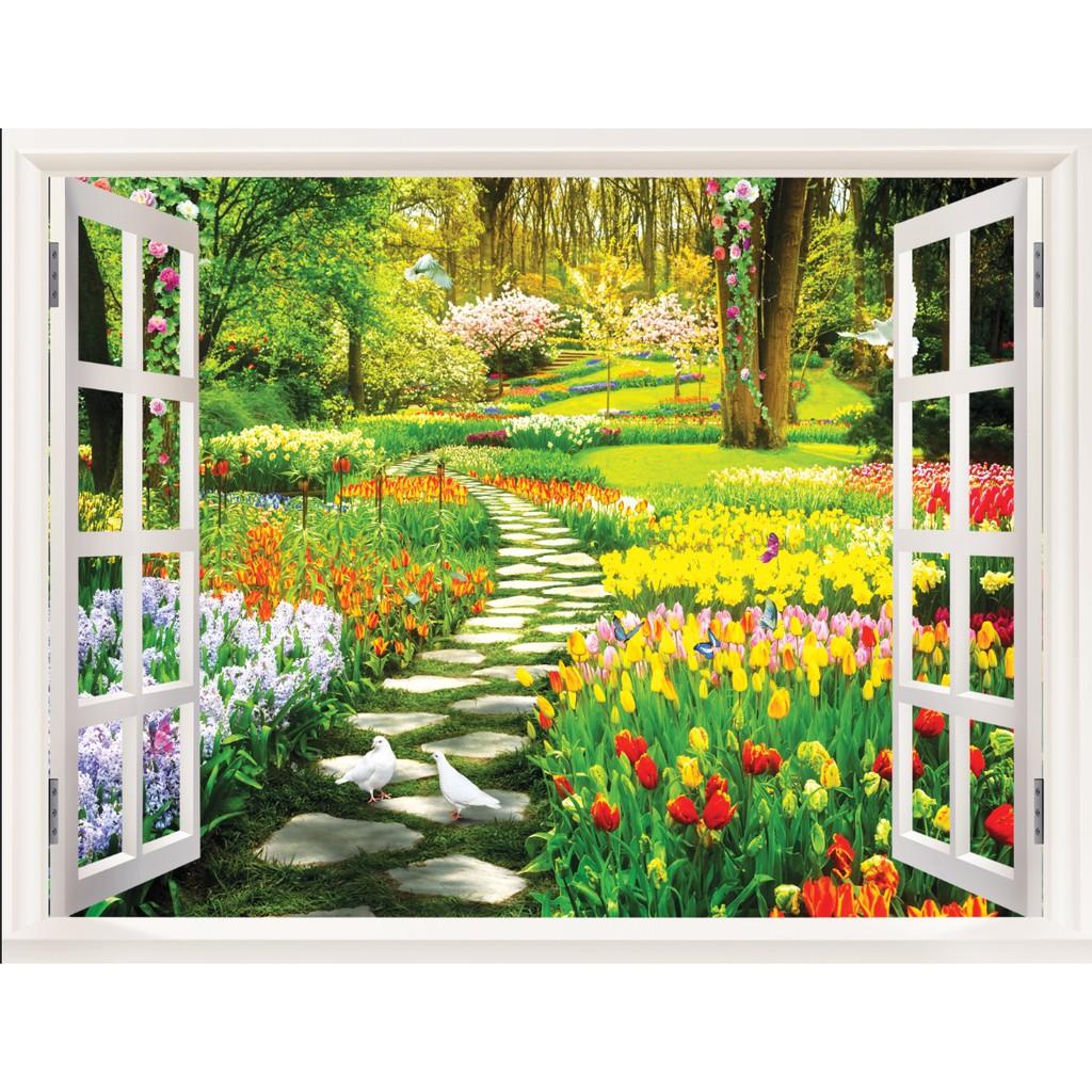 Tranh dán tường 3D cửa sổ phong cảnh hoa tulip ở An giang -vải lụa kim sa