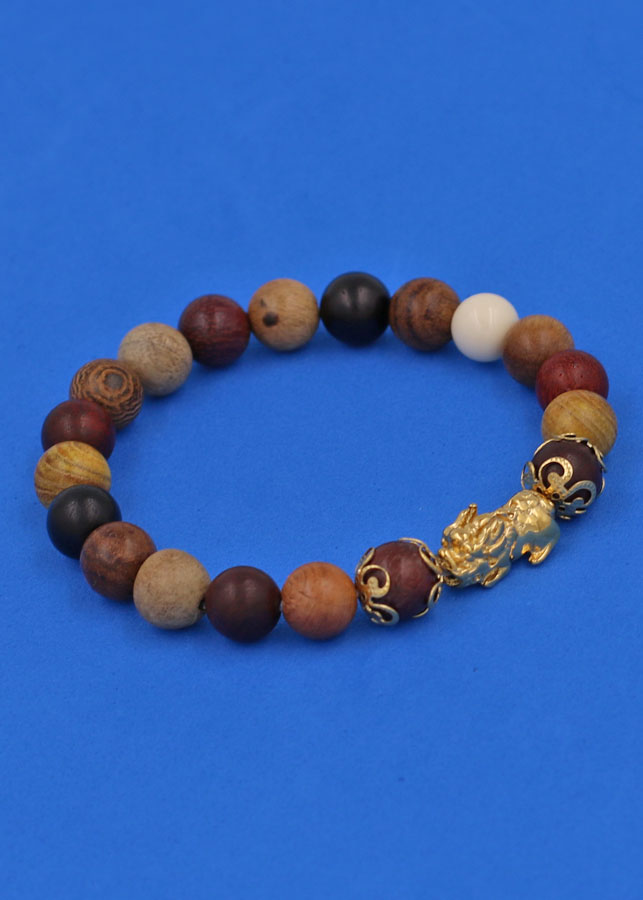 Chuỗi đeo tay Gỗ Đàn Hương 8 màu 8 ly - cẩn Tỳ Hưu Phong Thủy inox vàng VGDHMTHHKV8