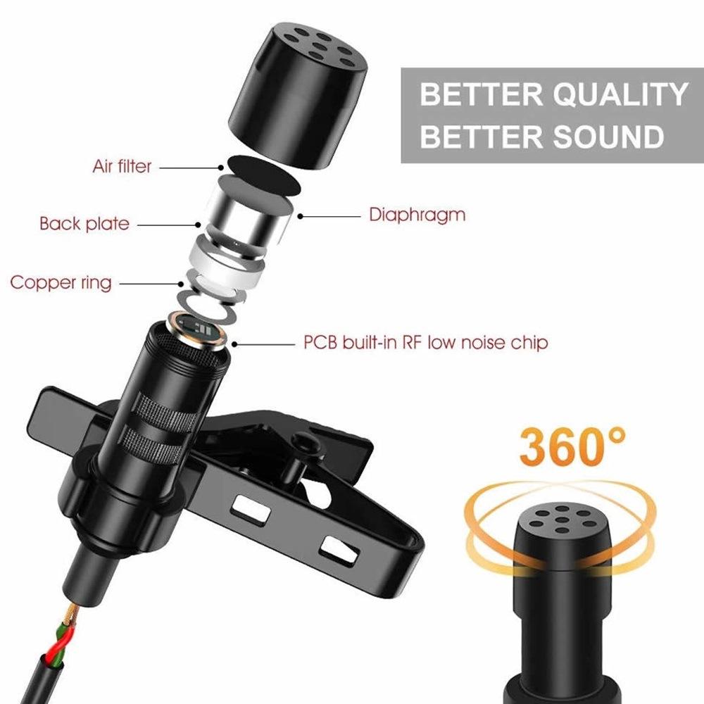 Vòng tụ điện Micrô Mini Clip-on Lavalier Microphone Cắm 3,5mm với Cáp mở rộng 2M Tương thích với iPhone iPad