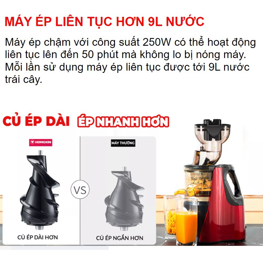 Máy ép HONGXIN RH-312,Ép Hoa Quả Nguyên Trái, Nghiền Ép Không Cần Cắt Nhỏ Tốc Độ Chậm công xuất 150W