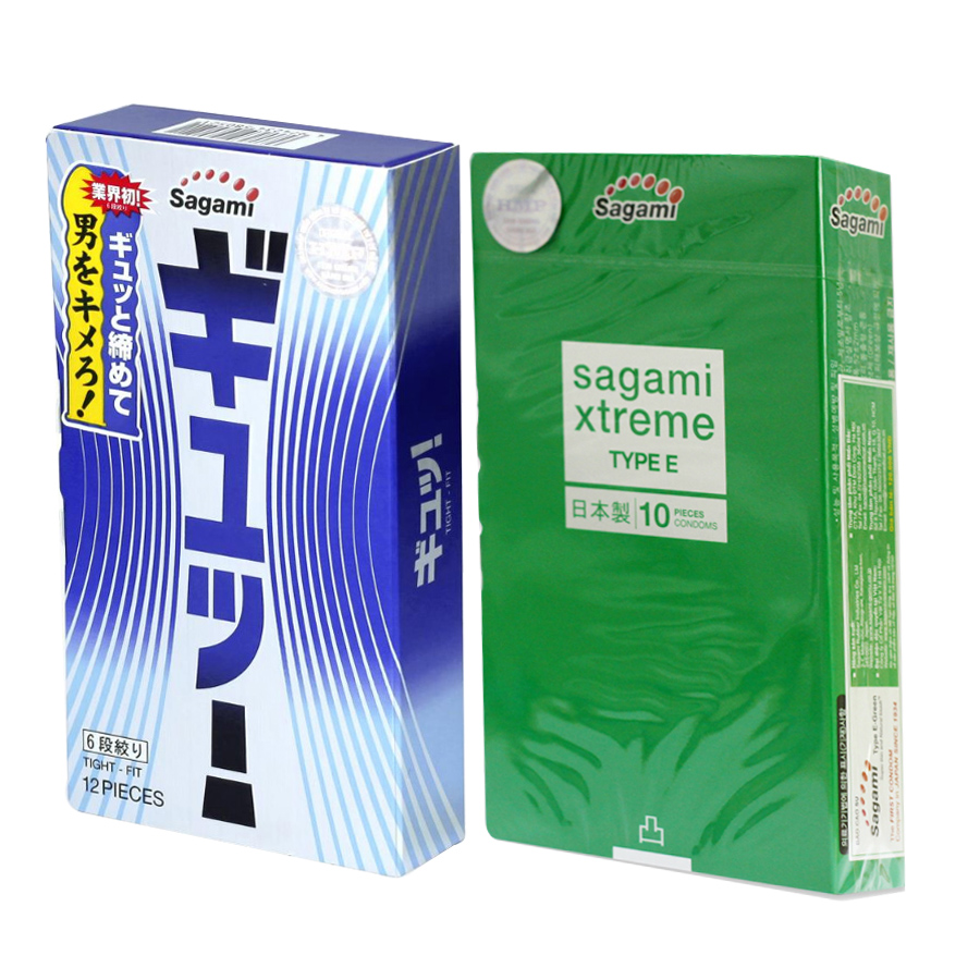 Combo 1 hộp bao cao su SAGAMI Tight Fit hộp 12 cái và 1 hộp SAGAMI Xtreme Green hộp 10 cái