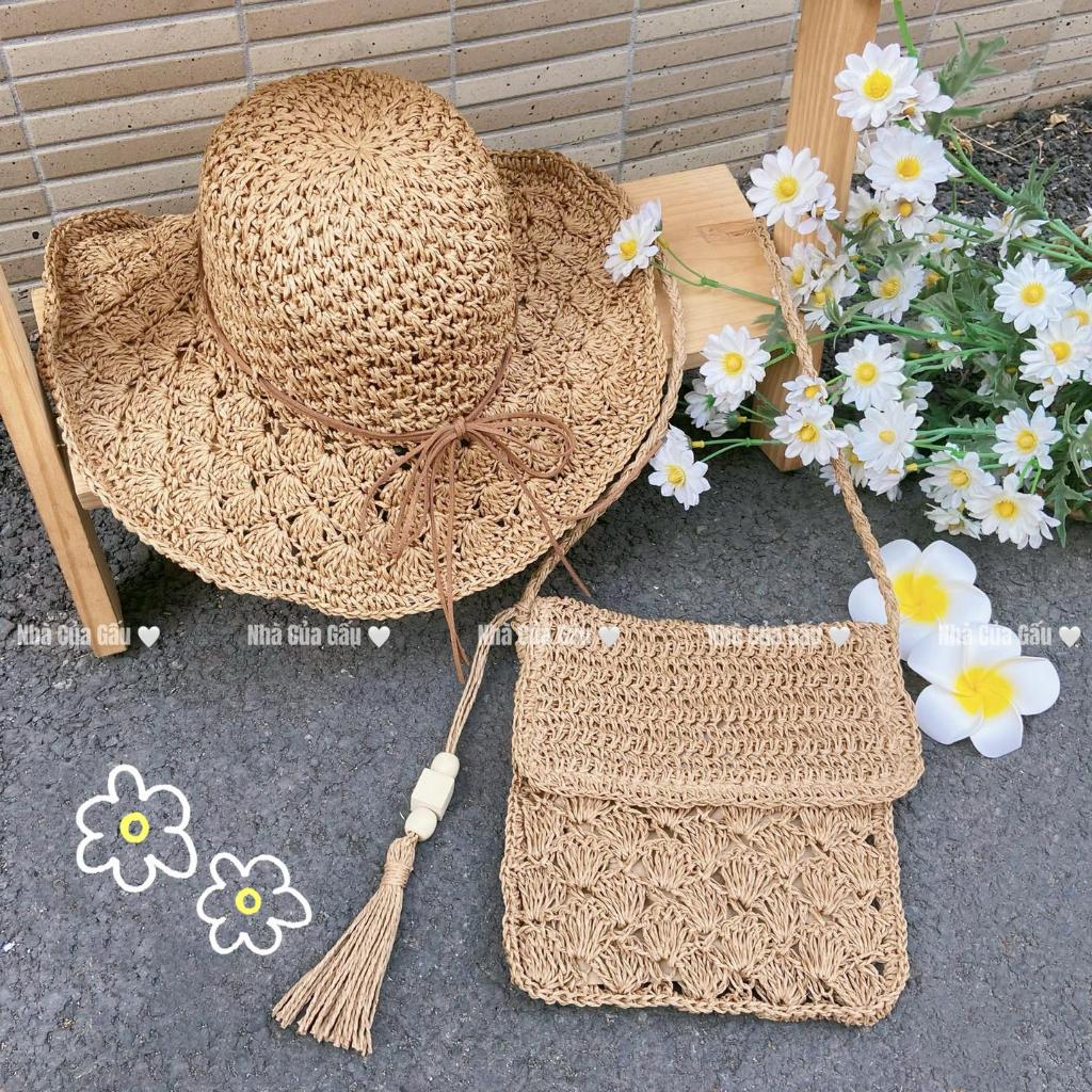Set túi cói, nón cói hộp thư đeo chéo đeo vai đều đẹp