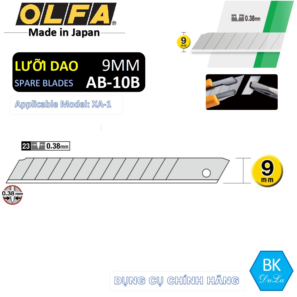 [Hàng Nhật] Bộ 10 Lưỡi dao cắt - Dao rọc giấy  9mm Nhật Olfa AB-10B- Màu bạc