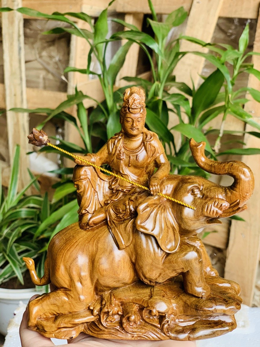 Cặp tượng văn thù _ phổ hiền bồ tát bằng gỗ bách xanh thơm nức đẹp long lanh kt cao 15×14×6cm