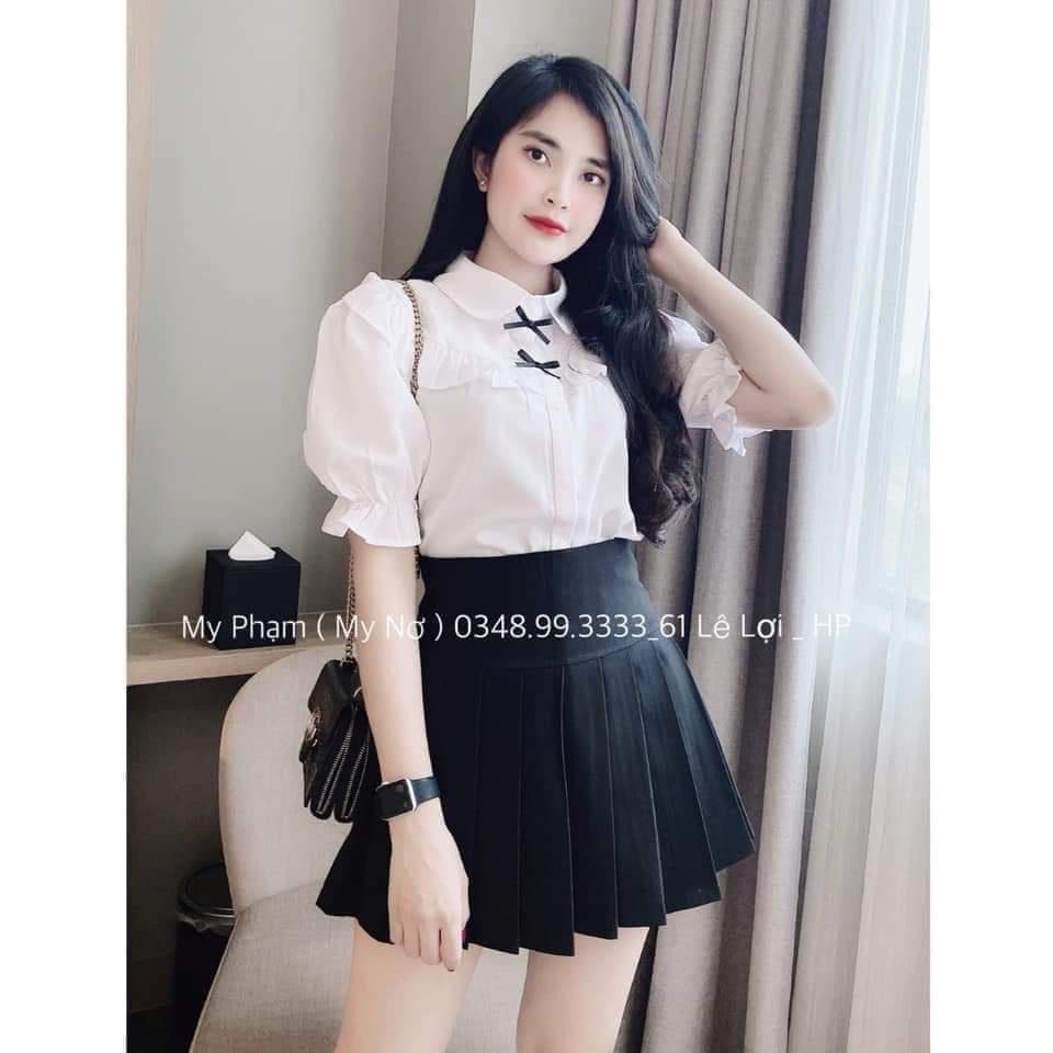 Áo Sơ Mi Nữ công sở thời trang SURI chất liệu vãi Lụa màu trắng Ngắn Tay Cổ Tròn Sen Bèo.