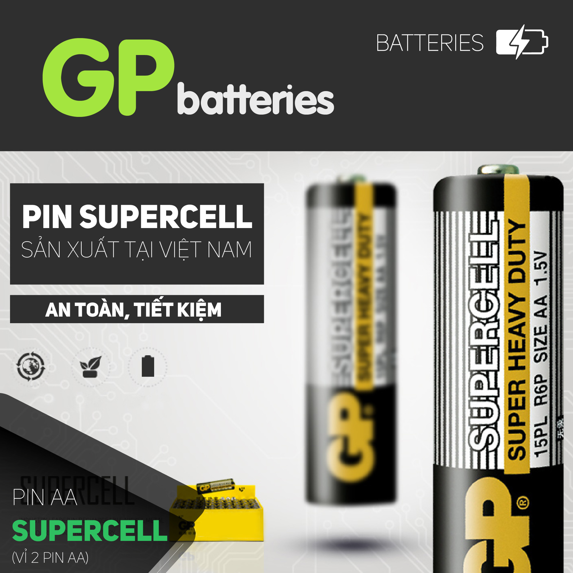 Pin tiểu GP Supercell AA 1.5V dùng trong chuột máy tính,điều khiển quạt,điều khiển tivi,đồng hồ treo tường,đồ chơi điện tử trẻ em