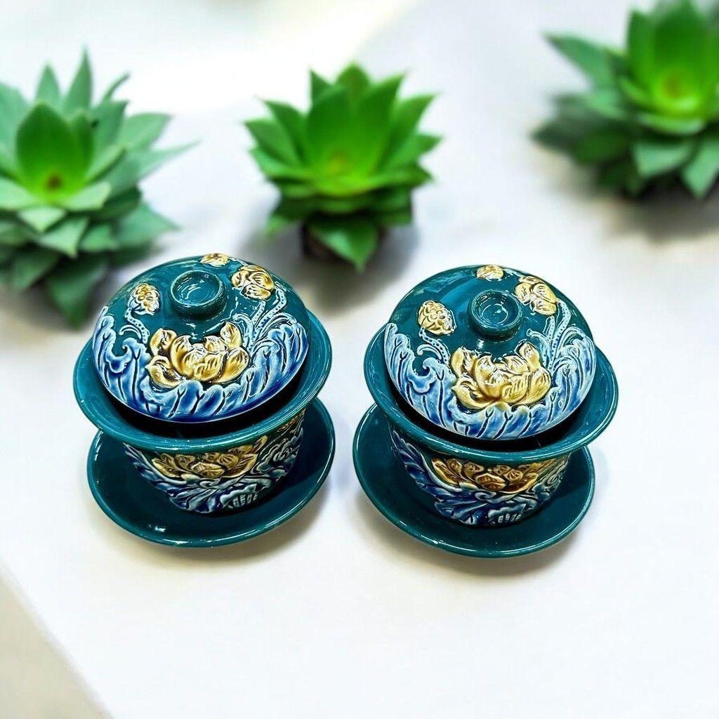 Bát sâm gốm sứ Men Xanh Lục Bảo Đắp Nổi Rồng Việt, đồ thờ cúng Bát Tràng cao cấp