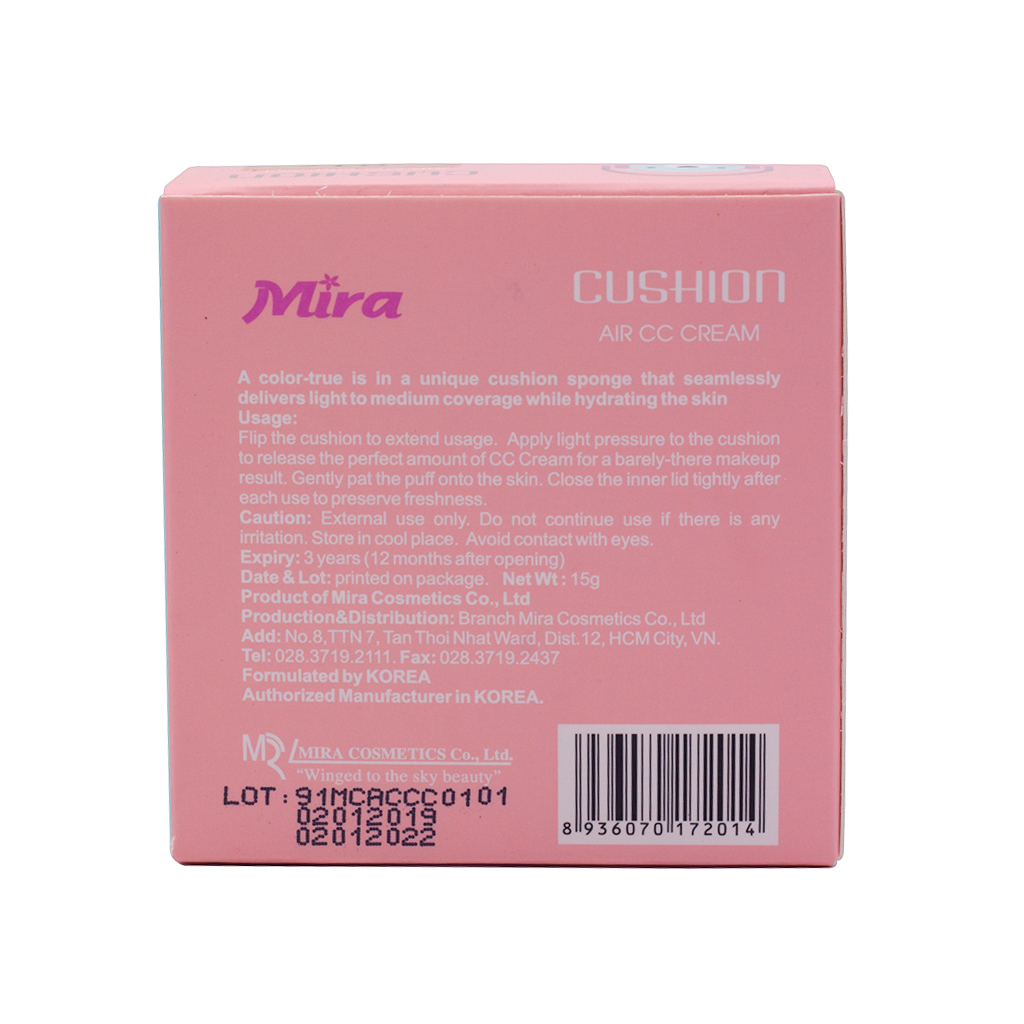 Phấn nước kiềm dầu Hàn Quốc cao cấp Mira Cushion Air CC Cream + Tặng Mút Bông Tán Kem Nền, Phấn Siêu Mềm Mịn Mira Culous (2 miếng/ túi) – Hàng Chính Hãng