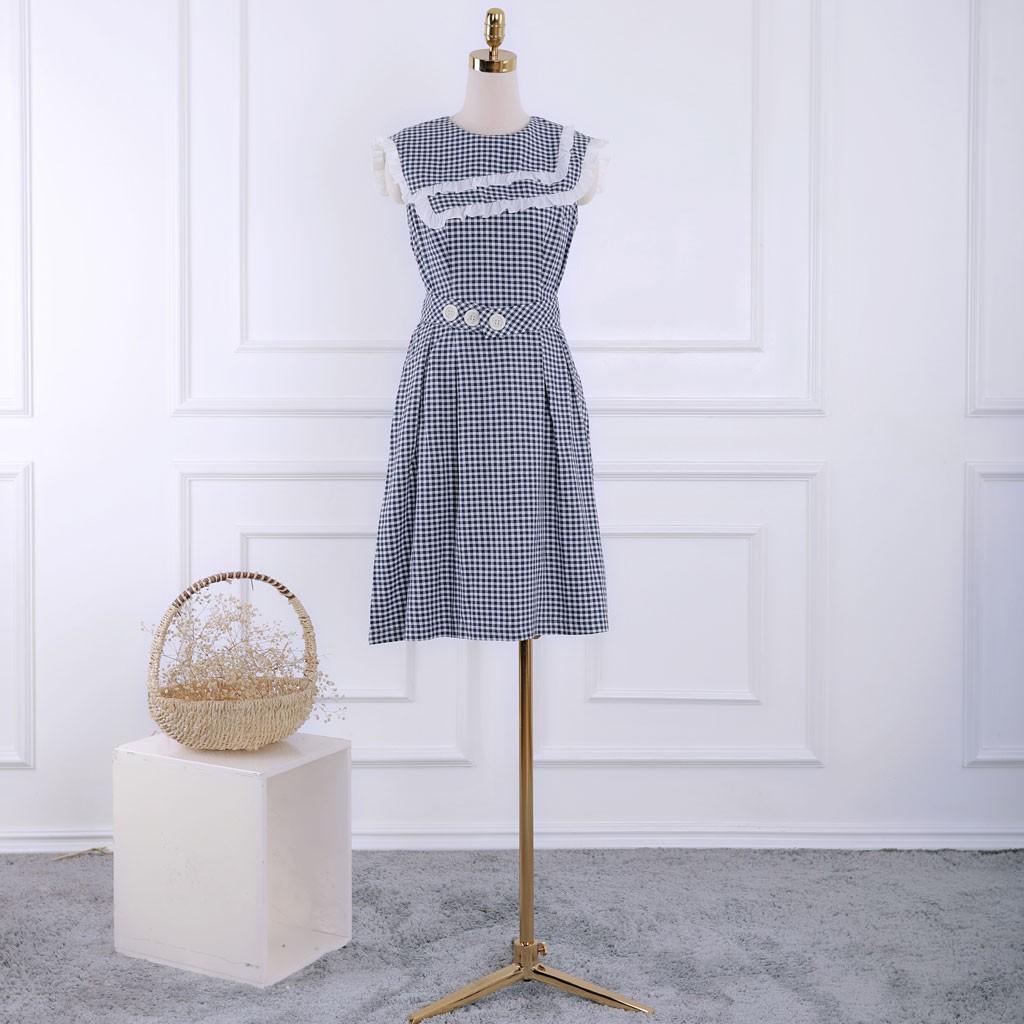 Đầm kiểu nữ sát nách kẻ caro dây lưng eo - Váy nữ cổ hải quân dáng xòe TK FASHION DK906