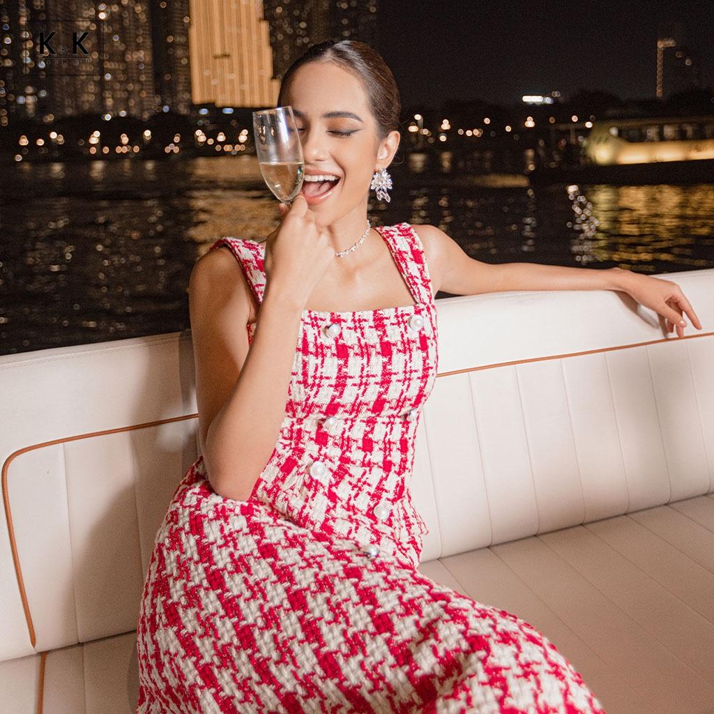 Đầm Dự Tiệc Midi Hai Dây Phối Túi K&amp;K Fashion KK130-03 Chất Liệu Tweed