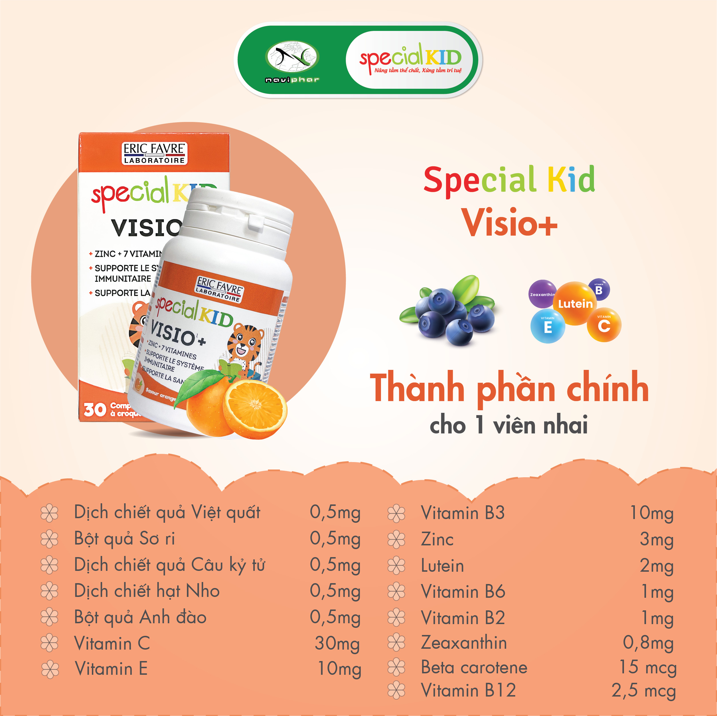 [Hộp 30 viên] TPBVSK Special Kid Visio+ Viên ngậm, nhai cho đôi mắt khoẻ mạnh, giảm mỏi mắt, khô mắt [Nhập khẩu Pháp]