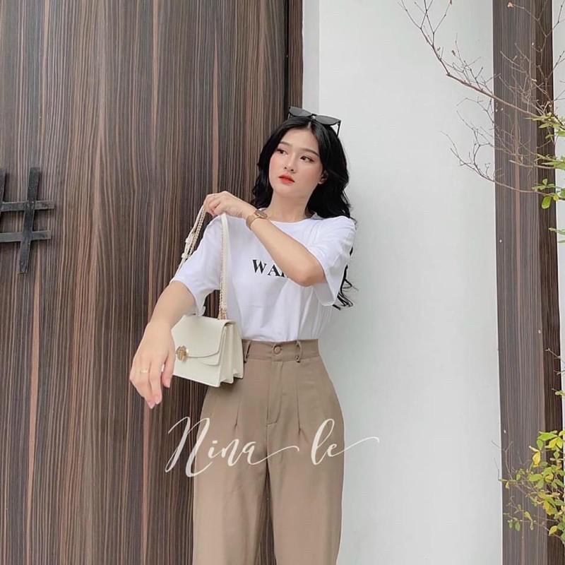 SET ÁO THUN TRẮNG CHỮ WARM MIX QUẦN ỐNG SUÔNG RỘNG BE LÊN DÁNG CHUẨN SIÊU XINH