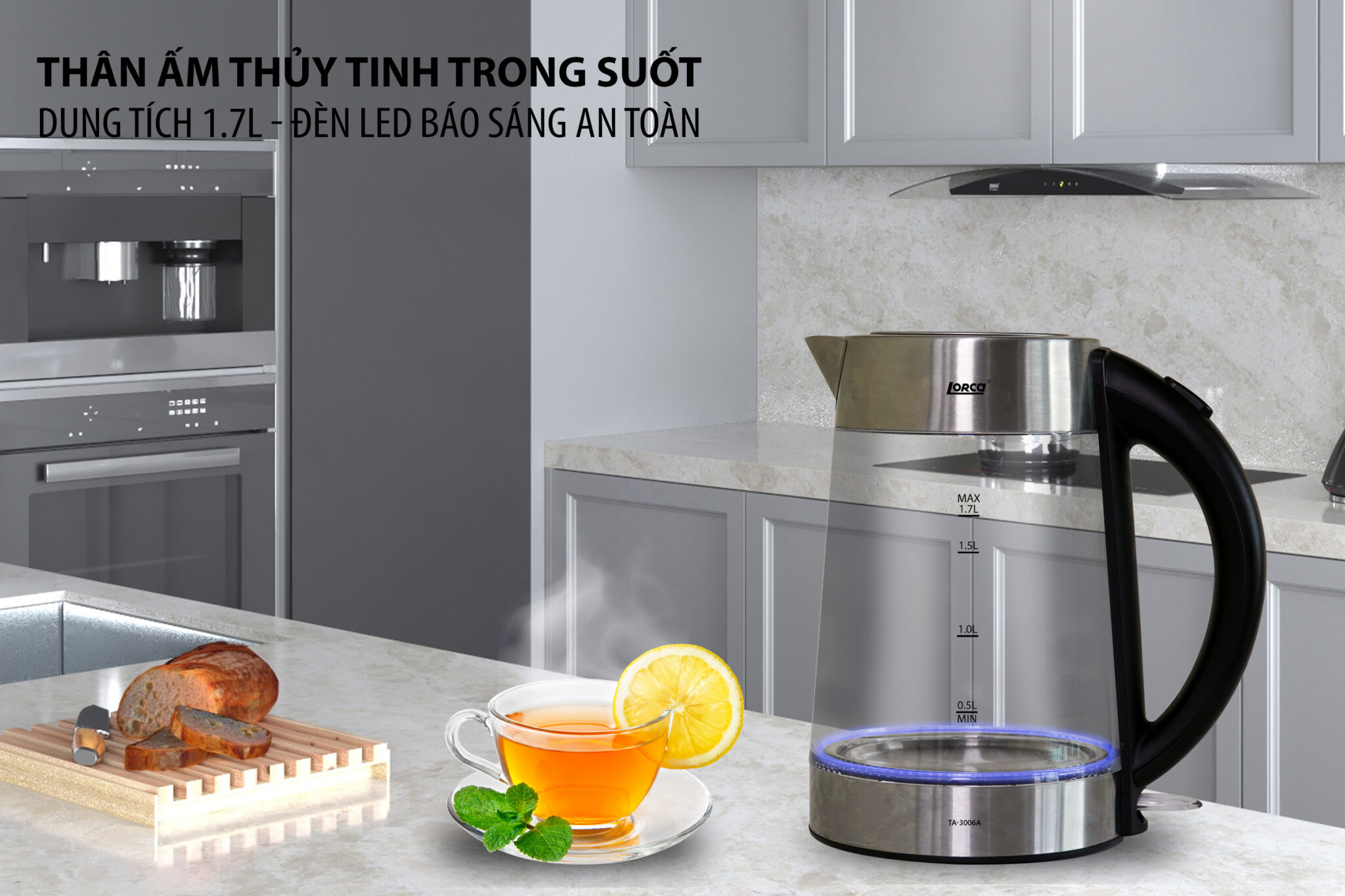 Ấm Đun Siêu Tốc 2 Lớp 1.7L Lorca TA 3006A Hàng Chính Hãng Ấm Đun Nước Thủy Tinh Inox Đun Nhanh, Công Suất Lớn 2200W