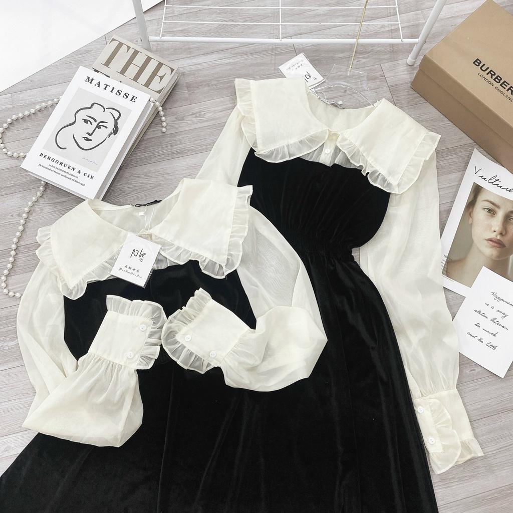 Váy nhung đen cổ bèo vintage tiểu thư sang chảnh