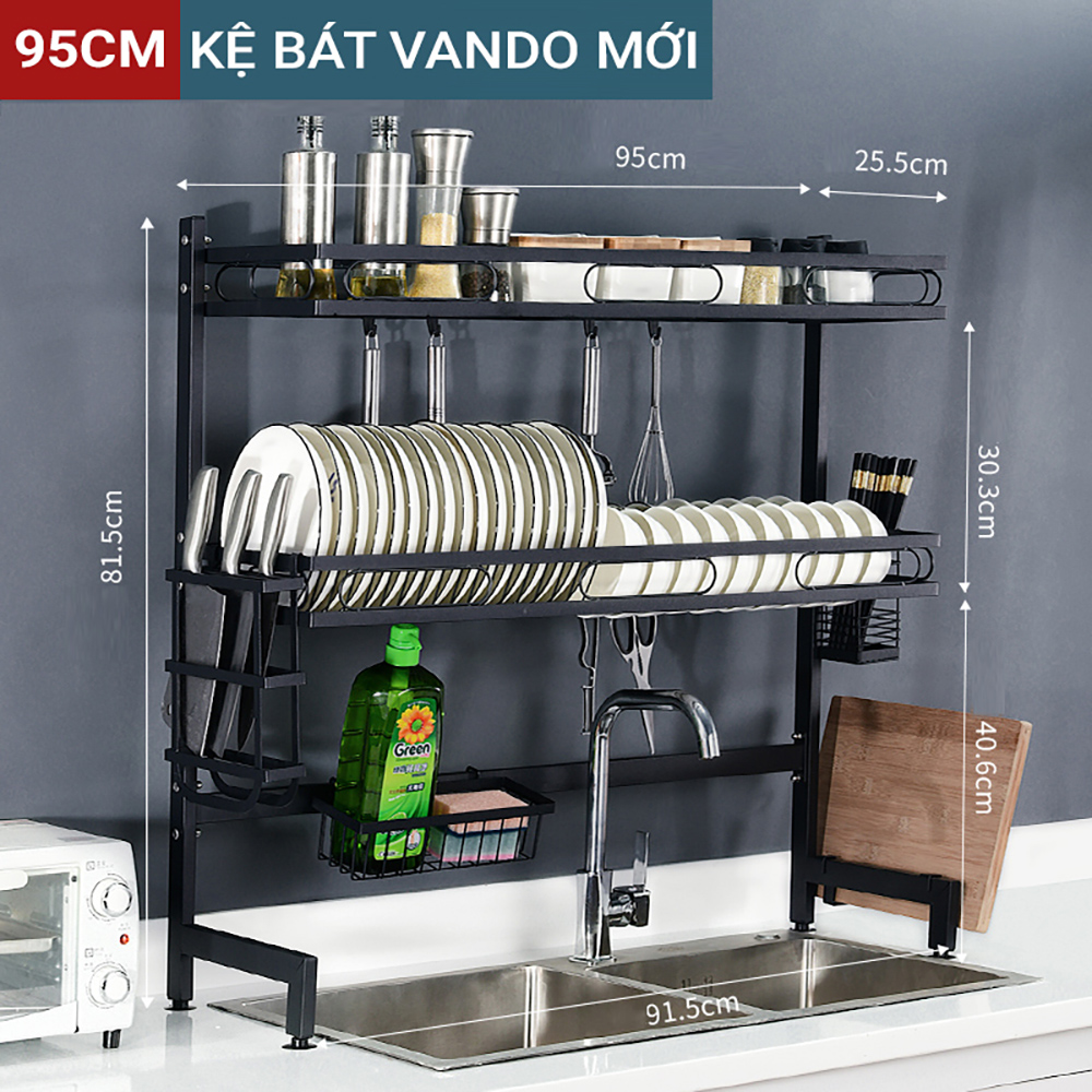 Kệ chén bát đa năng VANDO kích thước 2 tầng 95cm bằng thép carbon cao cấp không gỉ, giá để bát trên bồn rửa ráo nước cho nhà bếp sạch sẽ