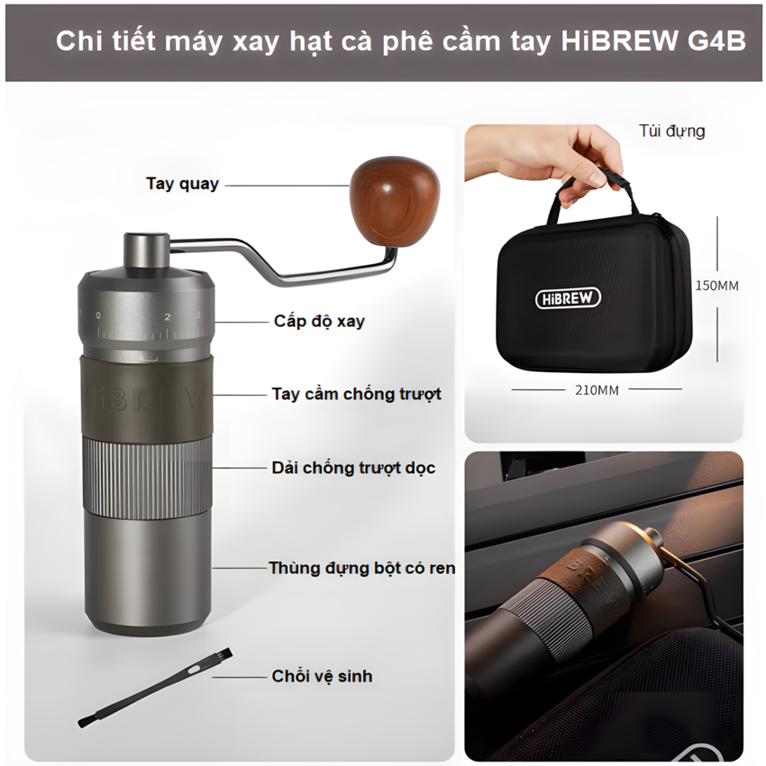 Máy xay hạt cà phê cầm tay chuyên nghiệp, lưỡi xay 6 cánh core kép, 55 cấp độ và 11 Level. Thương hiệu Mỹ cao cấp HiBREW - G4B. Hàng chính hãng