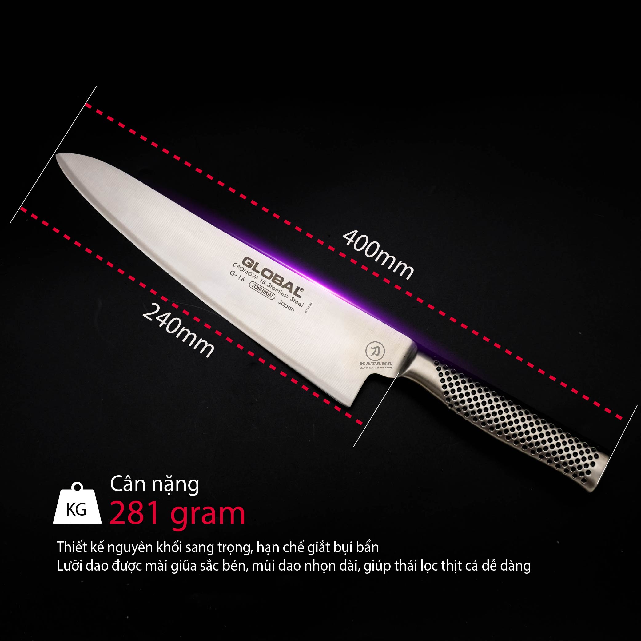 Dao bếp Nhật cao cấp Global G16 Chef - Dao thái thịt cá (240mm)