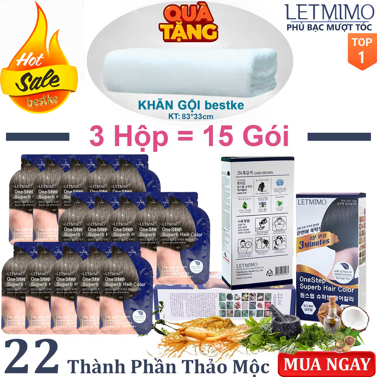 Set 3 Hộp Nhuộm Tóc bạc LETMIMO màu Nâu Đen_2N, 15 gói + QUÀ TẶNG 1 khăn gội bestke 100% cotton 83*33cm