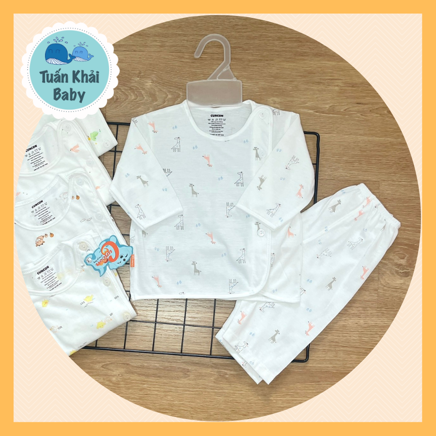 Bộ Quần Áo sơ sinh (1 bộ) cotton cao cấp CUNCON | Mẫu Tay Dài Họa Tiết Cài Lệch | Size 1,2,3 cho bé sơ sinh - 9kg