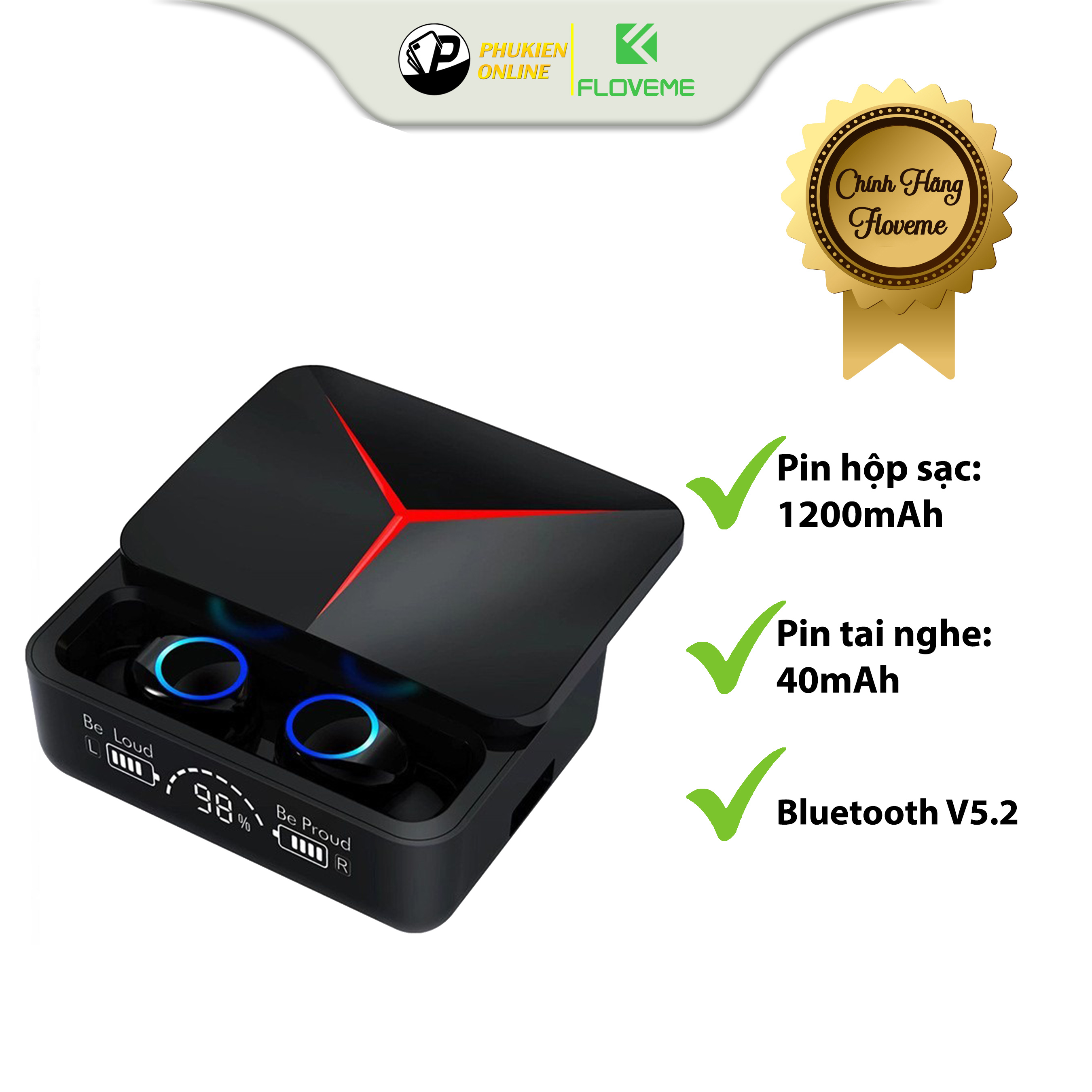 Tai Nghe Gaming Không Dây Bluetooth Floveme M90 Pro, Nắp Trượt, Âm Thanh To Rõ,Pin 4h, Kiêm Sạc Dự Phòng, Độ Trễ Thấp, Hàng Chính Hãng.