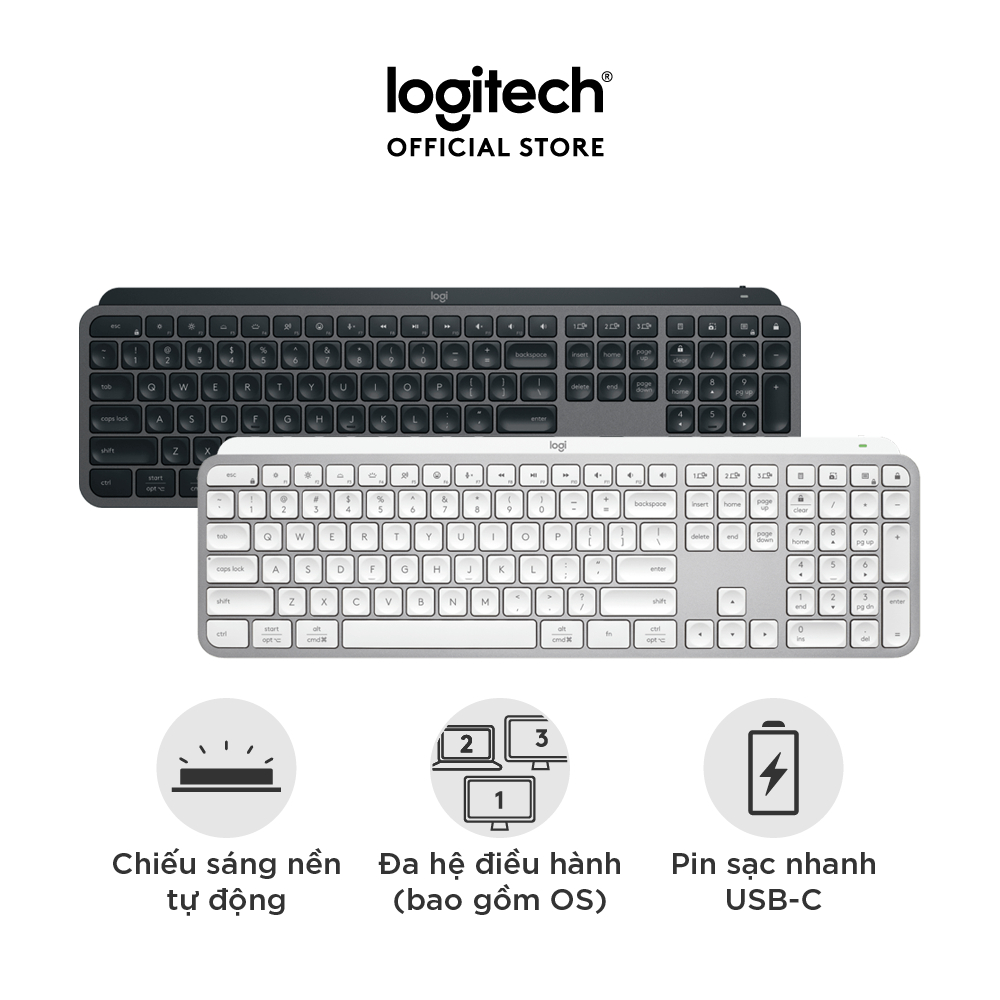 Bàn phím không dây Logitech MX Keys S - Low Profile yên tĩnh, Đèn nền, Bluetooth, Sạc USB-C - Hàng chính hãng