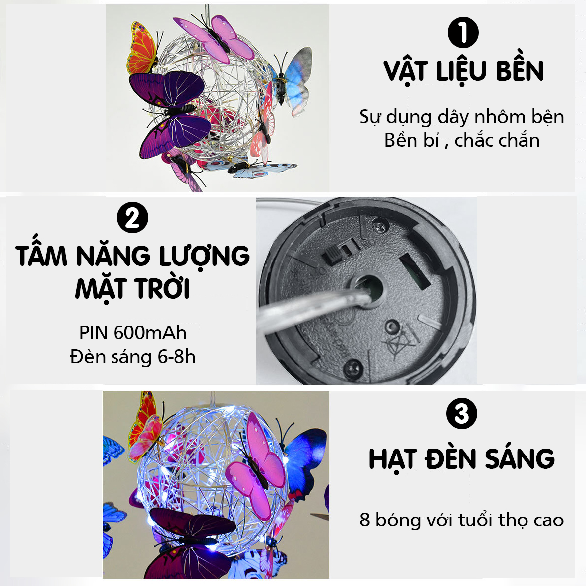 Đèn năng lượng mặt trời trang trí sân vườn bướm treo cây, ấn tượng -  K1513