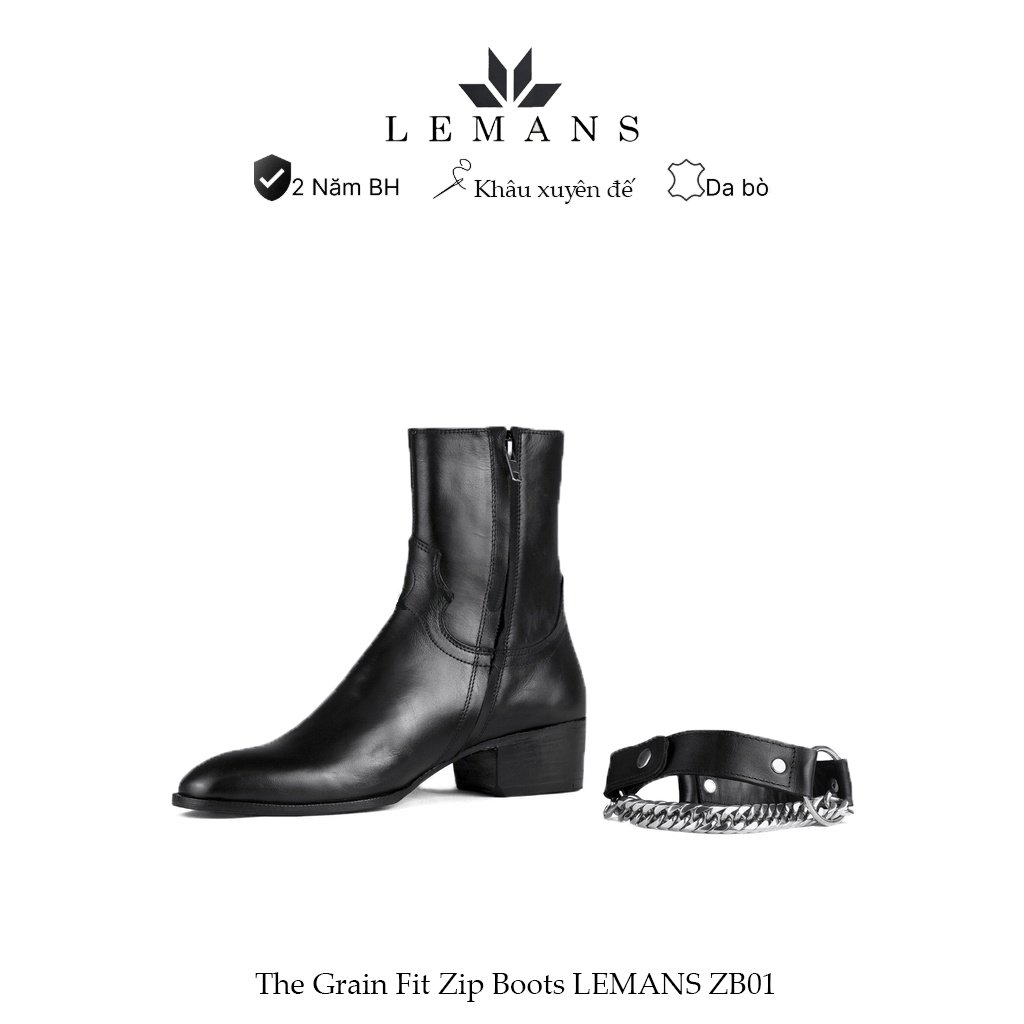 Giày da bò Zip (Harness) Boots Black LeMans ZB01B, phối đai xích tạo thành 3 đôi Harness, bảo hành 24 tháng