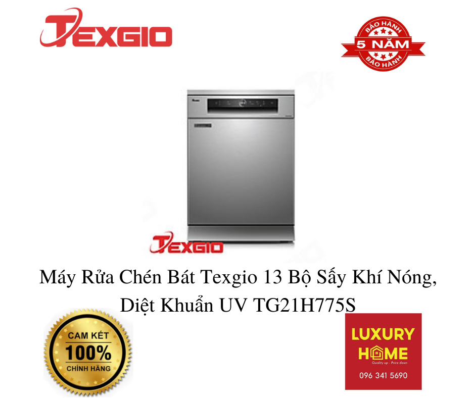 Máy Rửa Chén Bát Texgio 13 Bộ Sấy Khí Nóng, Diệt Khuẩn UV TG21H775S - Hàng chính hãng