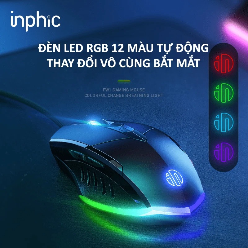 Chuột máy tính có dây INPHIC PW1PRO gaming cho game thủ kèm đèn led RGB 12 màu với độ DPI lên đến 7200DPI - HÀNG CHÍNH HÃNG