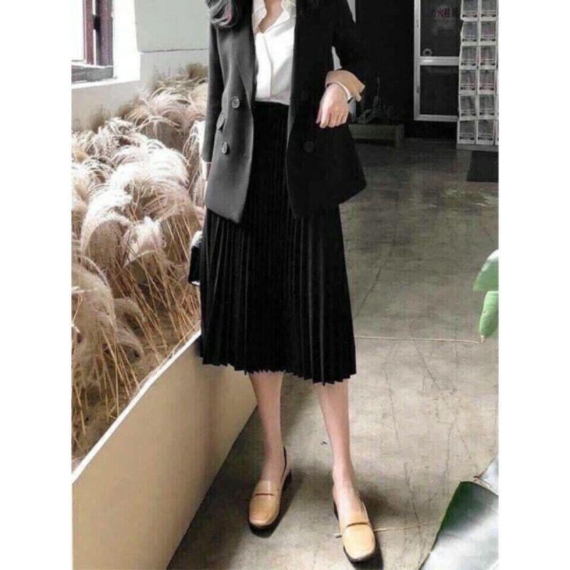Chân Váy Midi Xếp Ly Cạp Cao Màu Đen Phong Cách Vintage