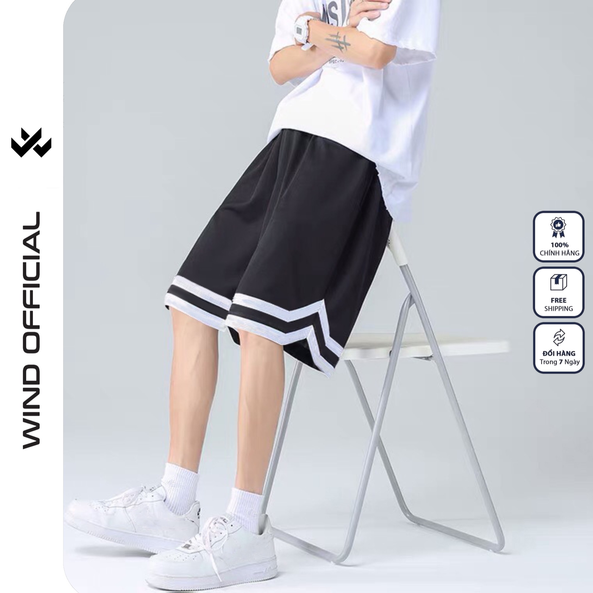 Quần short thun unisex Wind form rộng bóng chày Chữ V lửng nam nữ oversize ulzzang