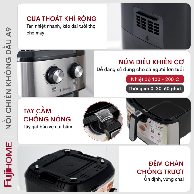 Nồi chiên không dầu FUJIHOME A9 dung tích 9.2 lít, Công suất 1800W, Thiết kế hiện đại trang nhã, Tháo lắp đơn giản dễ dàng vệ sinh, Hàng chính hãng BH 24 tháng