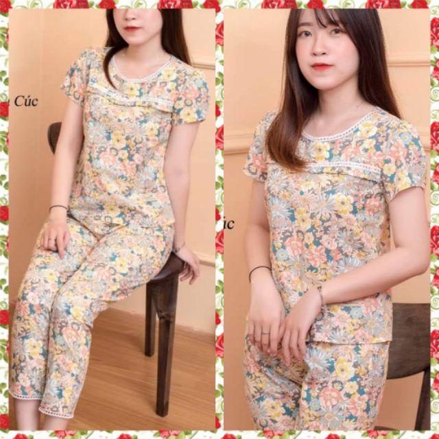 Đồ bộ mặc nhà, đồ sau sinh cúc vàng cổ ren xinh ảnh thật