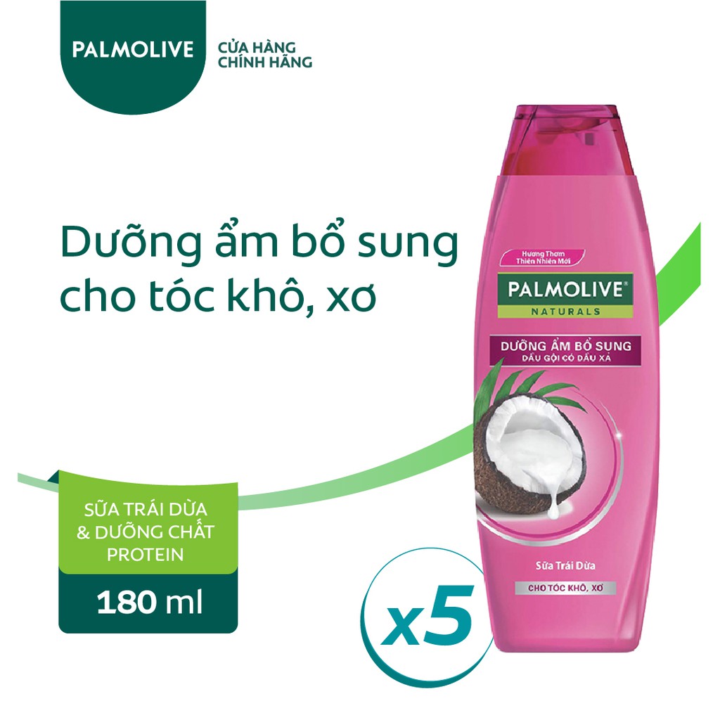 Bộ 5 chai dầu gội kèm dầu xả Palmolive Dưỡng Ẩm bổ sung từ sữa dừa &amp; protein 180ml/chai