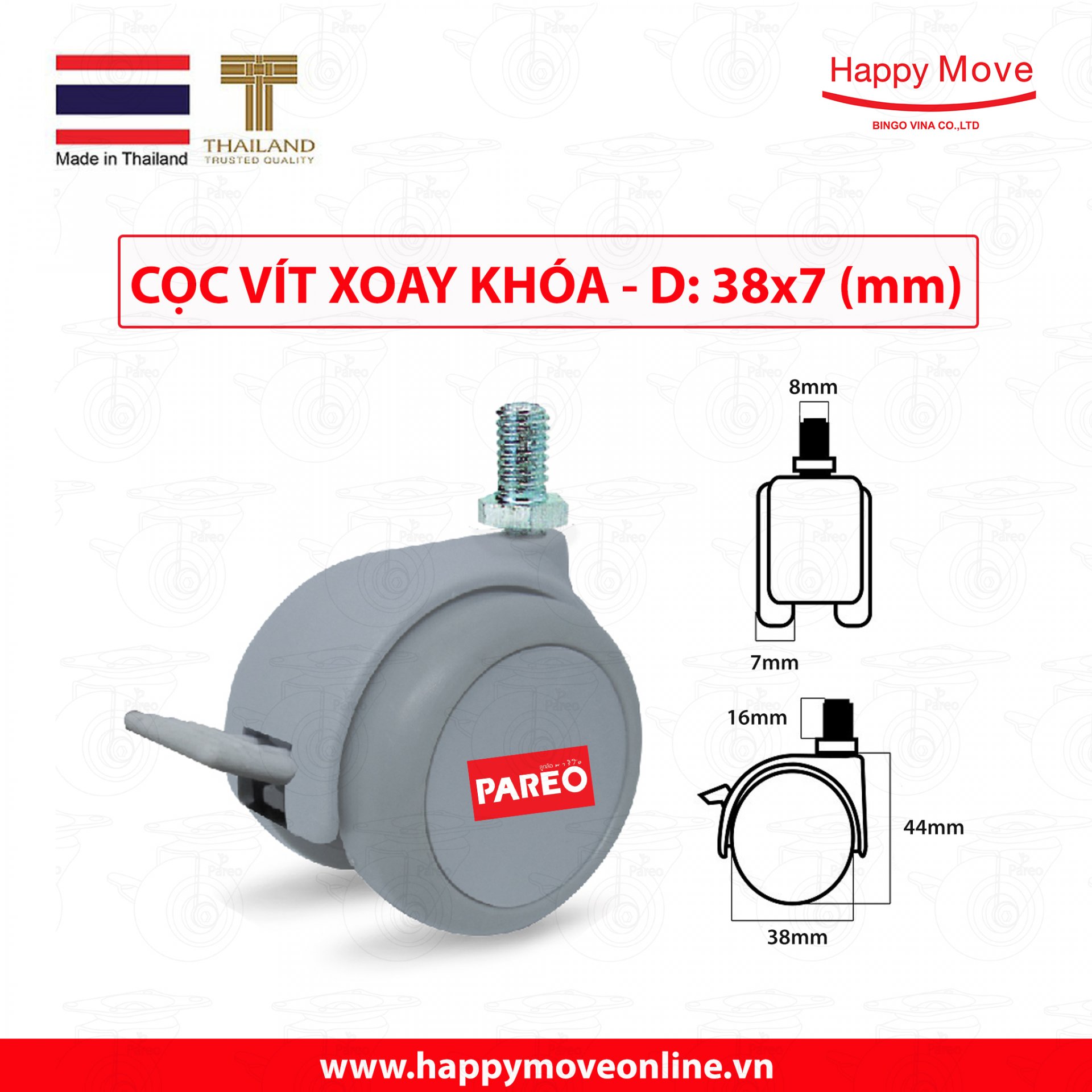 Bộ 4 bánh xe cọc vít ren có khóa 38-50mm cho ghế/bàn xoay văn phòng nội thất - tải 40kg - Happy Move Thái Lan