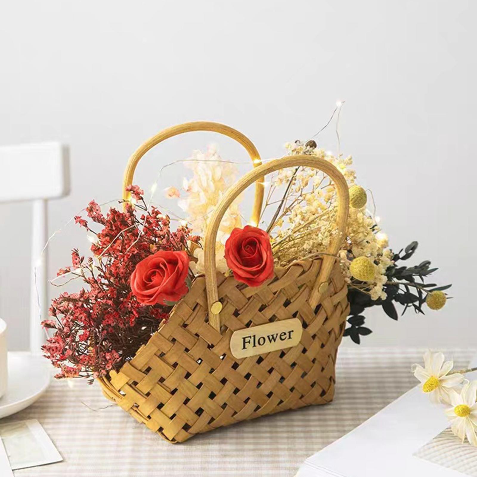 Pastoral Basket Storage Basket with Handle Handmade Wood Basket Storage Serving Basket for Flower Wedding Outdoor Camping Countertop