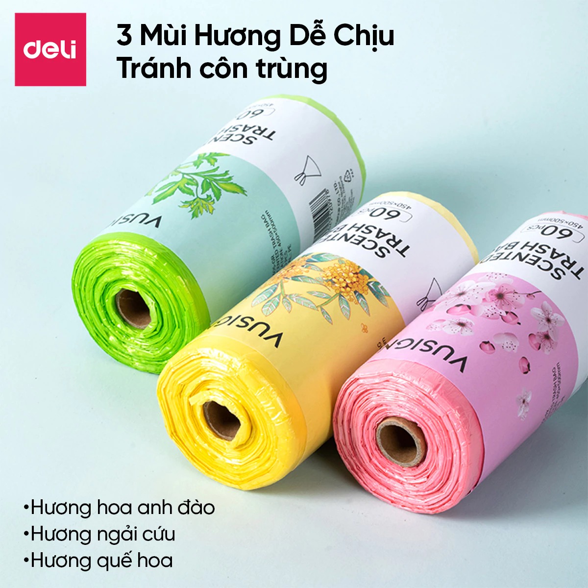 Cuộn 60 Túi Đựng Rác Dây Rút Hương DelixVusign Chống Côn Trùng Dày Dặn, Dai, Không Rò Rỉ Chống Rách cho thùng rác