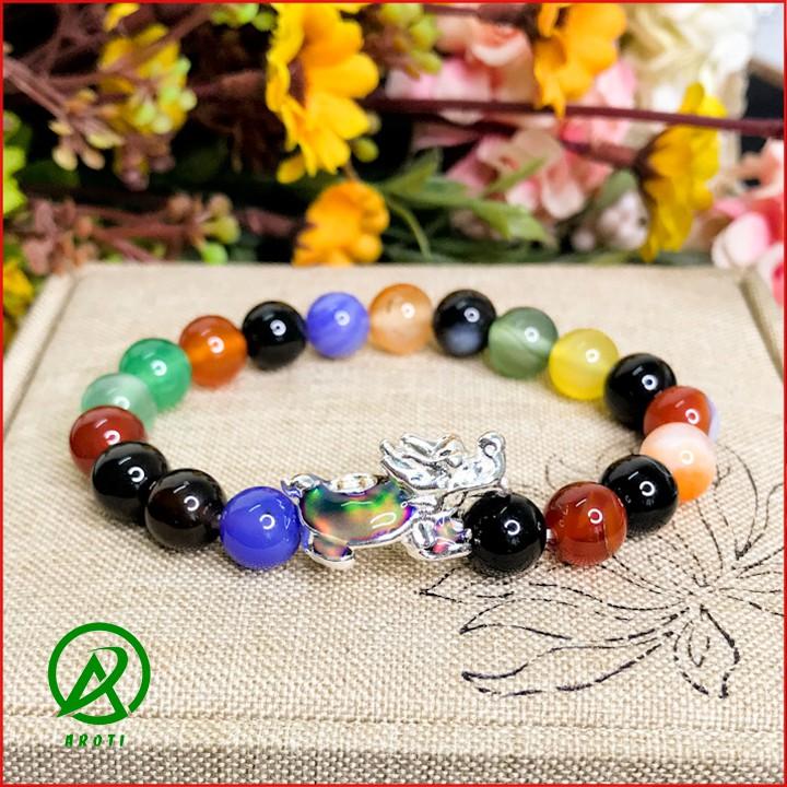Vòng Tay Phong Thủy - Vòng Tay Mã Não Đa sắc 8mm Mix Long Quy Bạc Đổi Màu Độc Lạ V377-8