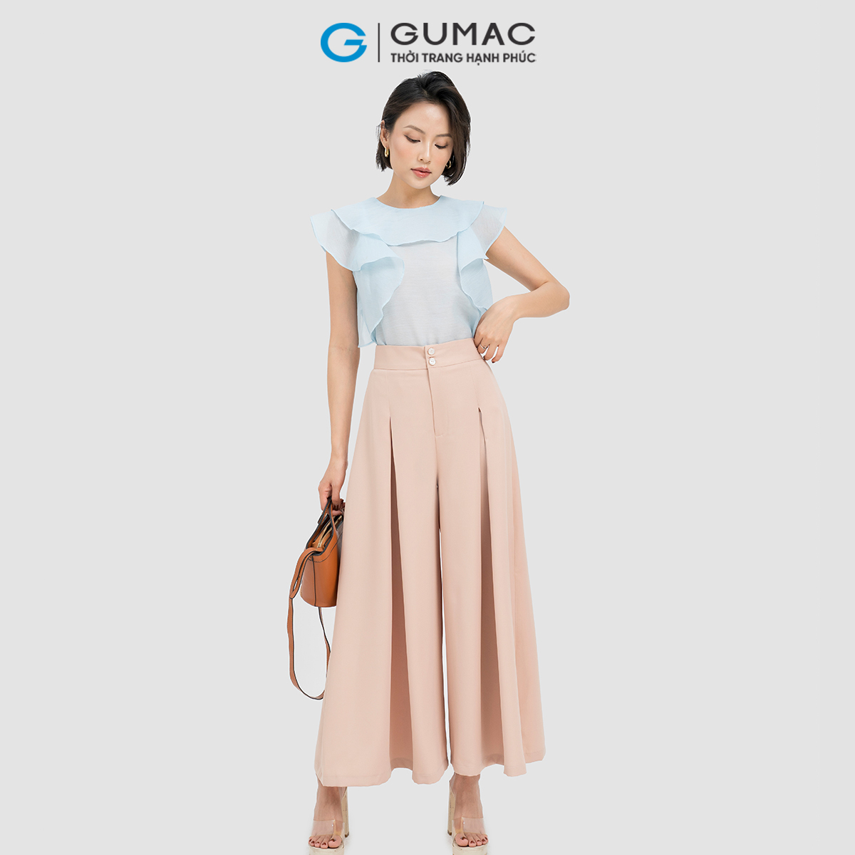 Quần dài nữ ống rộng phối ly thanh lịch tôn dáng thời trang GUMAC QD04025