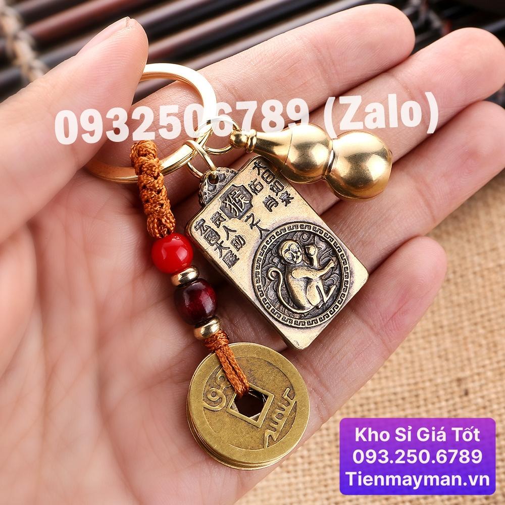 Móc Khóa 12 con Giáp phong thủy bằng đồng thau, mặt sau hình phật Bản Mệnh