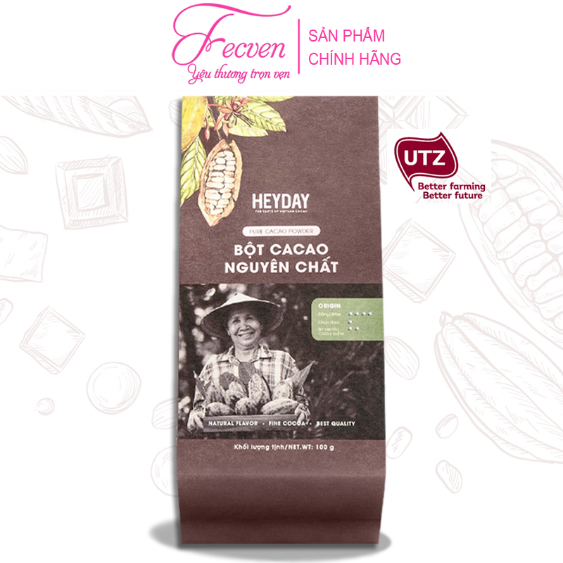 Bột Cacao Nguyên Chất Heyday Origin - Nguyên Chất 100%, Không Đường - Vị Cân Bằng, Đắng Đậm, Béo Dịu, Thơm Nồng - Dòng Thượng Hạng Dùng Để Uống, Pha Chế, Làm Bánh - FECVEN