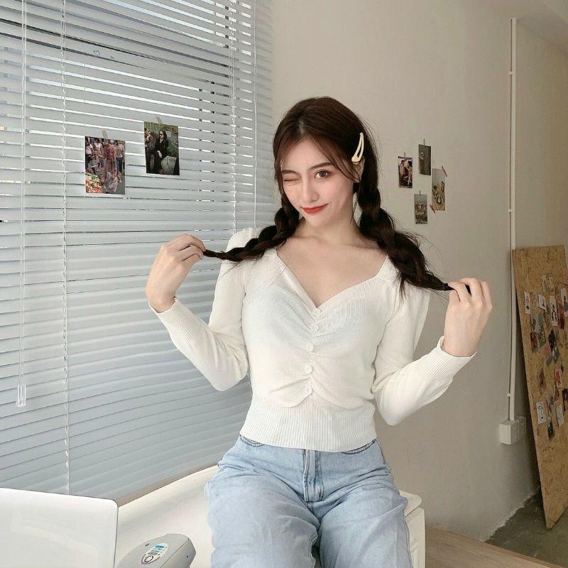 ÁO KIỂU THUN PHỐI NÚT TRƯỚC DÀI TAY