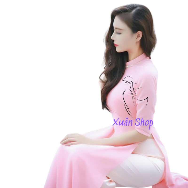 Áo dài truyền thống lụa nhật cổ vuông màu hồng nude