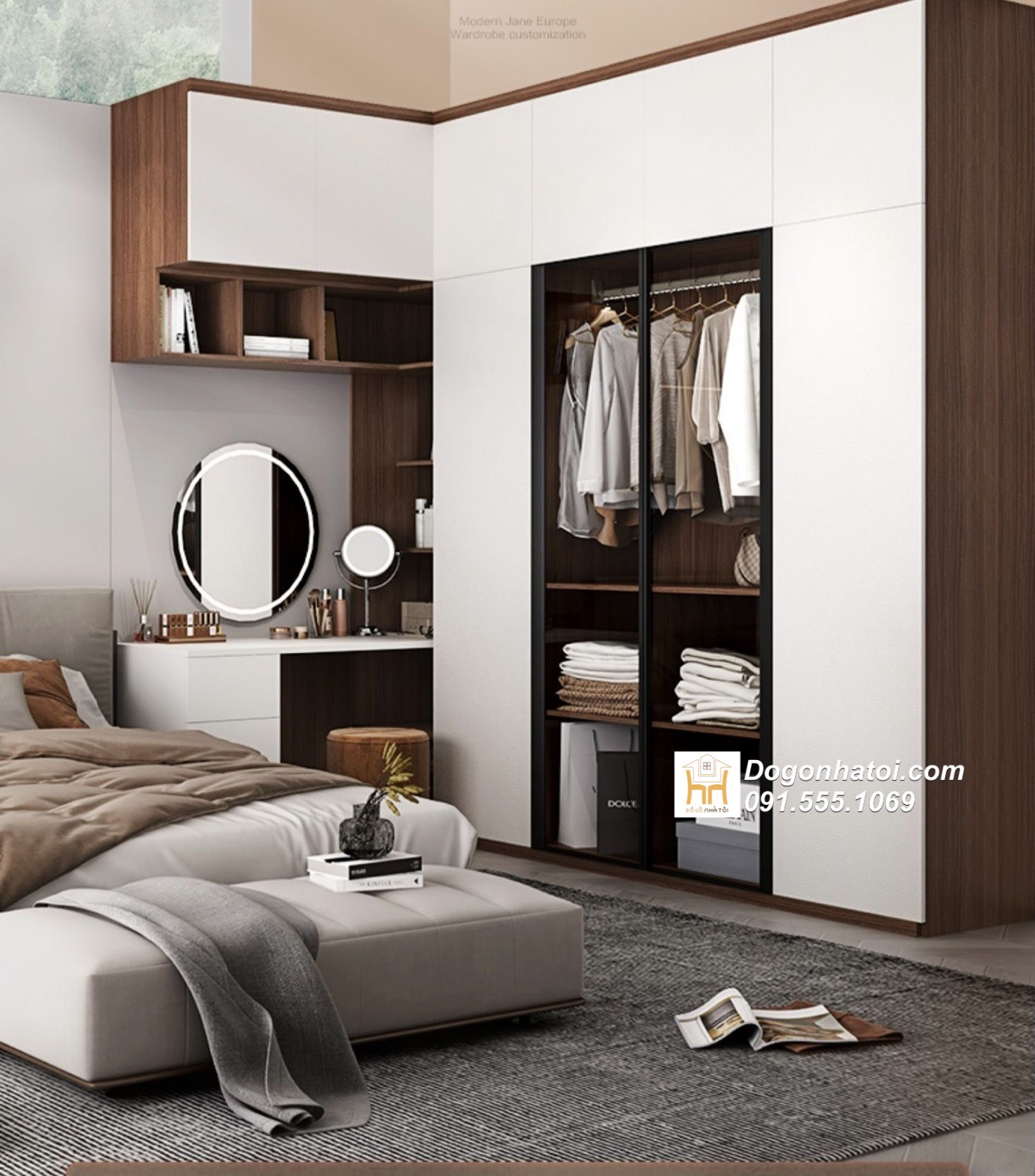Tủ quần áo cánh kính liền bàn trang điểm hiện đại - TA219