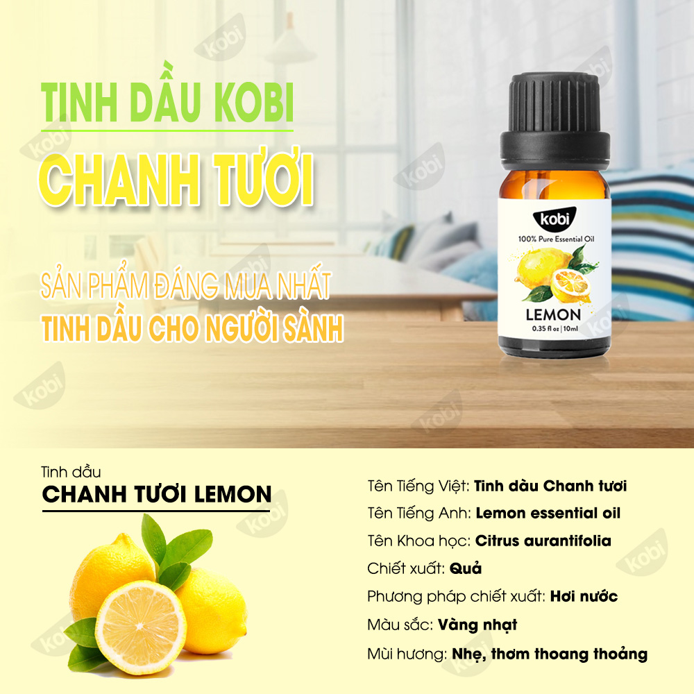 Tinh Dầu Chanh Tươi Kobi Lemon Essential Oil Dùng Xông Phòng, Giúp Thanh Lọc Không Khí, Tăng Cường Miễn Dịch, Tinh Thần Sảng Khoái, Làm Sạch Đồ Dùng Gia Đình