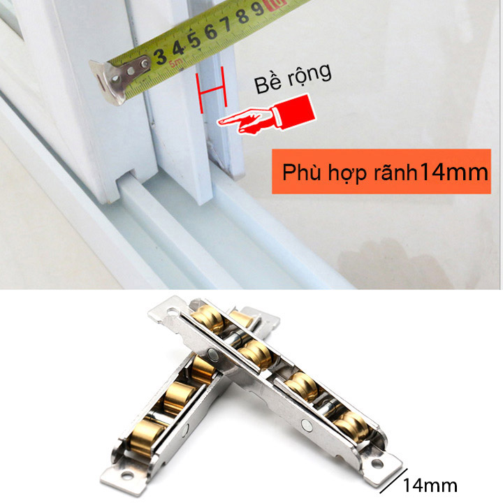 01 Bánh xe 4 cho cửa trượt-cửa lùa bằng inox không gỉ rộng 14mm, dùng cho cửa lùa nhựa, nhôm, thép