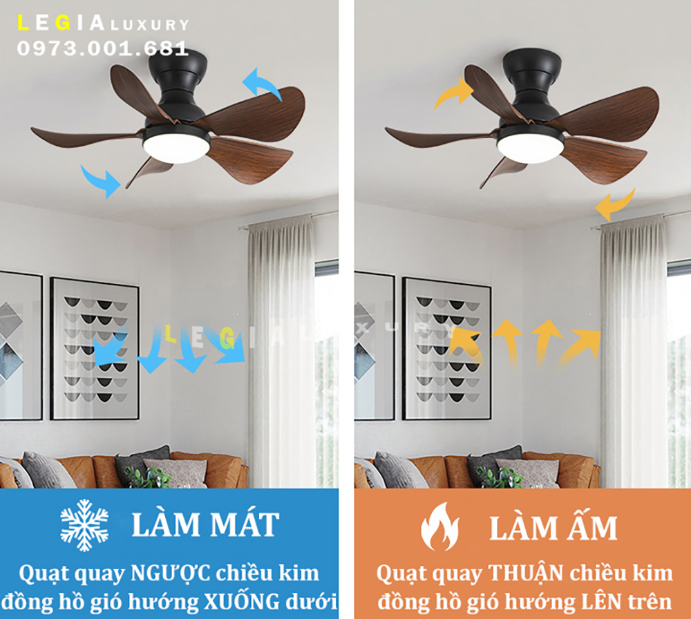 Quạt Trần Mini Có Đèn Lê Gia LGFAN650V - Chiều Cao 23cm - Sải Cánh 73cm - Bảo Hành 5 Năm