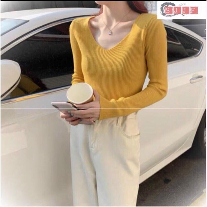 Áo len nữ dệt kim dài tay cổ tim bais nhiều màu