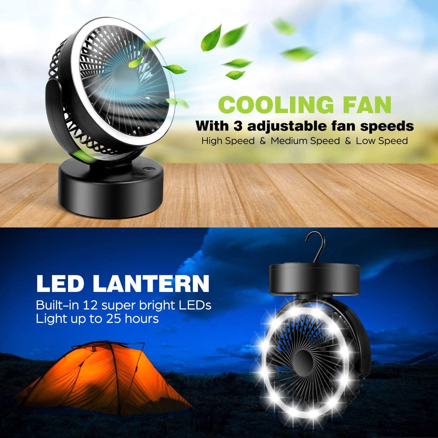 Quạt Cắm Trại Di Động Có Đèn LED, Đèn Quạt Lều Chạy Bằng Pin