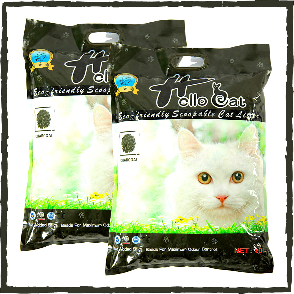 ( Combo 2 Bao ) Cát Vệ Sinh Dành Cho Mèo Không Bụi Vón Nhanh Mùi Hương Dịu Nhẹ Dễ Chịu - Hello Cat Charcoal Bentonite Sand (10L/7KG) (Không Mùi, Than Hoạt Tính)